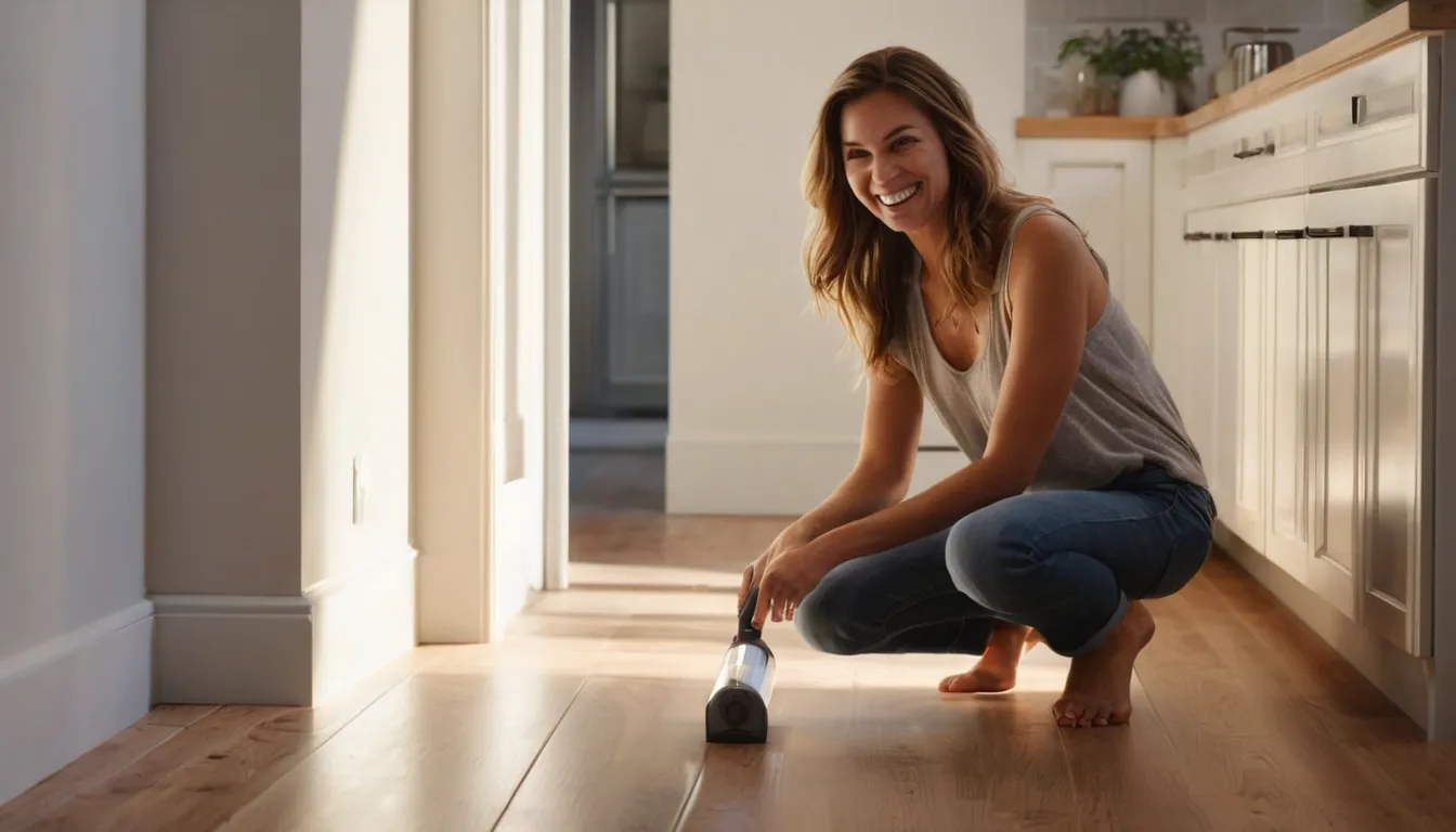 A homeowner checking a baseboard for early pest signs